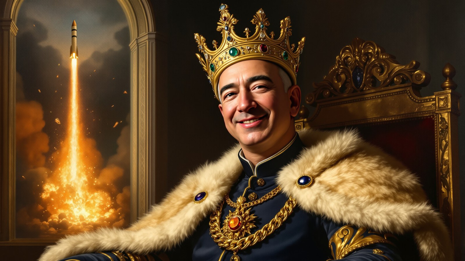 King Bezos on the throne with a rocket failing